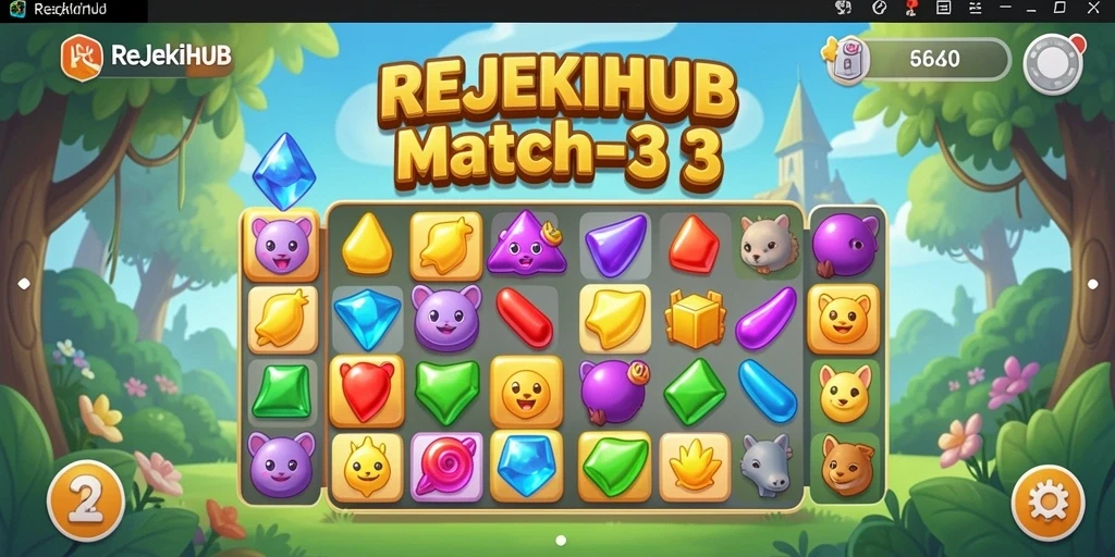 Tampilan antarmuka seru dalam permainan Puzzle Match-3 REJEKIHUB.