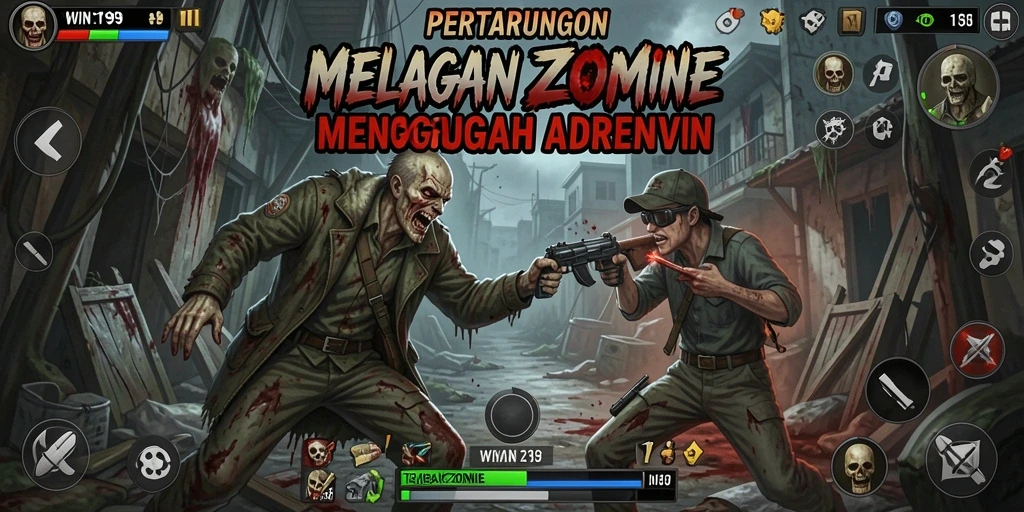 Tampilan gameplay <strong>WIN199</strong> dengan aksi tembak-menembak melawan zombie.
